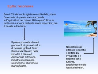Egitto: l’economia

Solo il 3% del suolo egiziano è coltivabile, prima
l’economia di questo stato era basata
sull’agricoltura del cotone 28% (quest’ultima in
molti casi è ancora praticata senza macchine) ora
è basata sul turismo.




       Il paese possiede discreti
       giacimenti di gas naturali e
                                                     Nonostante gli
       di petrolio (golfo di Suez,
                                                     attentati terroristici
       Sinai e Mar Rosso) nella
                                                     il settore più
       zona tra Il Cairo ed
                                                     sviluppato è il
       Alessandria si trovano
                                                     terziario con il
       industrie meccaniche,
                                                     turismo,
       siderurgiche, chimiche e
                                                     specialmente nelle
       manifatturiere.
                                                     località balneari.
 