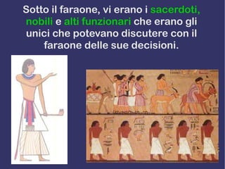 Sotto il faraone, vi erano i sacerdoti,
nobili e alti funzionari che erano gli
unici che potevano discutere con il
faraone delle sue decisioni.
 