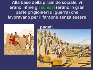 Alla base della piramide sociale, vi
erano infine gli schiavi (erano in gran
parte prigionieri di guerra) che
lavoravano per il faraone senza essere
pagati.
 