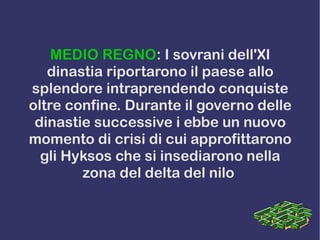 MEDIO REGNO: I sovrani dell'XI
dinastia riportarono il paese allo
splendore intraprendendo conquiste
oltre confine. Durante il governo delle
dinastie successive i ebbe un nuovo
momento di crisi di cui approfittarono
gli Hyksos che si insediarono nella
zona del delta del nilo
 