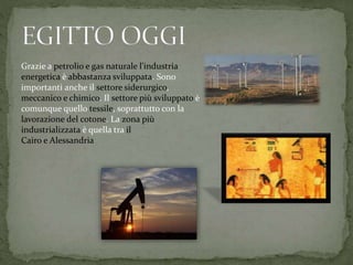 Grazie a petrolio e gas naturale l'industria
energetica è abbastanza sviluppata. Sono
importanti anche il settore siderurgico,
meccanico e chimico. Il settore più sviluppato è
comunque quello tessile, soprattutto con la
lavorazione del cotone. La zona più
industrializzata è quella tra il
Cairo e Alessandria
 