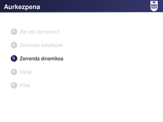 Aurkezpena


  1   Zer eta zertarako?

  2   Zerrenda estatikoak

  3   Zerrenda dinamikoa

  4   Ilarak

  5   Pilak
 