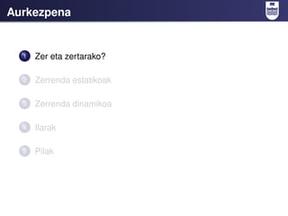 Aurkezpena


  1   Zer eta zertarako?

  2   Zerrenda estatikoak

  3   Zerrenda dinamikoa

  4   Ilarak

  5   Pilak
 