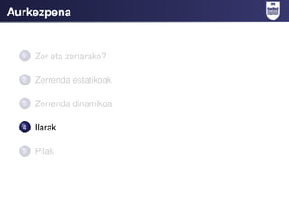 Aurkezpena


  1   Zer eta zertarako?

  2   Zerrenda estatikoak

  3   Zerrenda dinamikoa

  4   Ilarak

  5   Pilak
 
