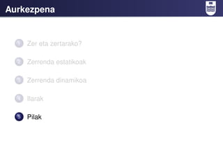 Aurkezpena


  1   Zer eta zertarako?

  2   Zerrenda estatikoak

  3   Zerrenda dinamikoa

  4   Ilarak

  5   Pilak
 