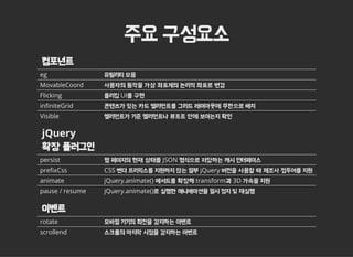 주요 구성요소
컴포넌트
eg 유틸리티 모음
MovableCoord 사용자의 동작을 가상 좌표계의 논리적 좌표로 변경
Flicking 플리킹 UI를 구현
in៯�niteGrid 콘텐츠가 있는 카드 엘리먼트를 그리드 레이아웃에 무한으로 배치
Visible 엘리먼트가 기준 엘리먼트나 뷰포트 안에 보이는지 확인
jQuery
확장 플러그인
persist 웹 페이지의 현재 상태를 JSON 형식으로 저장하는 캐시 인터페이스
pre៯�xCss CSS 벤더 프리픽스를 지원하지 않는 일부 jQuery 버전을 사용할 때 제조사 접두어를 지원
animate jQuery.animate() 메서드를 확장해 transform과 3D 가속을 지원
pause / resume jQuery.animate()로 실행한 애니메이션을 일시 정지 및 재실행
이벤트
rotate 모바일 기기의 회전을 감지하는 이벤트
scrollend 스크롤의 마지막 시점을 감지하는 이벤트
 