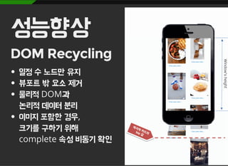 성능향상
DOM Recycling
일정 수 노드만 유지
뷰포트 밖 요소 제거
물리적 DOM과
논리적 데이터 분리
이미지 포함한 경우,
크기를 구하기 위해
complete 속성 비동기 확인
 
