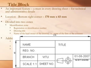 Title Block
• An important feature – a must in every drawing sheet – for technical
and administrative details
• Location - Bottom right corner – 170 mm x 65 mm
• Divided into two zones
• Identification zone
• Registration or identification number
• Drawing title
• Name of the legal owner of the drawing, i.e., name of the firm or the company
• Additional information zone
• Indicative items –symbol indicating the system of projection, main scale of
drawing, etc.
• Technical items – method of indicating surface texture, geometric tolerances, etc.
• Administrative items
 