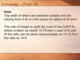 Lettering (Type-A)
Note:
The width of letters are selected suitably and are
varying from 0.4h to 0.6h expect for letters M,W and I
The ratio of height to width for most of the CAPITAL
letters is taken as nearly 14:10 and in case of M and
W the ratio can be taken approximately as 14:12.For I
the ratio as 14:6
 