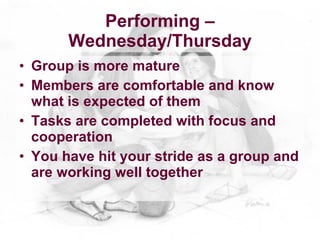 Performing –
       Wednesday/Thursday
• Group is more mature
• Members are comfortable and know
  what is expected of them
• Tasks are completed with focus and
  cooperation
• You have hit your stride as a group and
  are working well together
 