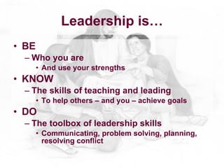 Leadership is…
• BE
  – Who you are
       • And use your strengths
• KNOW
  – The skills of teaching and leading
       • To help others – and you – achieve goals
• DO
  – The toolbox of leadership skills
       • Communicating, problem solving, planning,
         resolving conflict
 