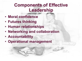 Components of Effective
            Leadership
•   Moral confidence
•   Futures thinking
•   Human relationships
•   Networking and collaboration
•   Accountability
•   Operational management
 
