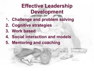 Effective Leadership
             Development
1.   Challenge and problem solving
2.   Cognitive strategies
3.   Work based
4.   Social interaction and models
5.   Mentoring and coaching
 