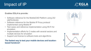Enables EGLA to provide:
•  Software reference for the MobileCAD Platform using 2G/
UMTS/3G/4G
•  Software reference for the Mobile IP Proxy protocol
implemented using Mobile IP
•  Test cases and reference implementation using Wi-Fi for
emulation
•  Implementation efforts for 3 nodes with several sectors and
multiple devices for emulation
•  Support and license to software tools and algorithms
The fastest way to test your mobile devices and location-
based handover!
Impact of IP
10
 