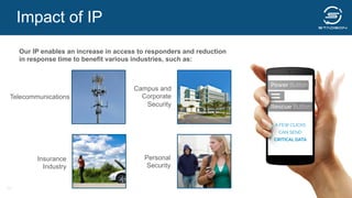 Our IP enables an increase in access to responders and reduction
in response time to benefit various industries, such as:
Insurance
Industry
Campus and
Corporate
Security
Telecommunications
Personal
Security
Impact of IP
22
 