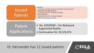 Dr. Hernandez has 12 issued patents
•MOBILITY
•US Patent 7,213,330, US Patent 7,697,508, US Patent 8,213,417
•STREAMING AND BROADCASTING
•US Patent 10,123,07, US Patent 10,524,002
•SAFEFI PORTOLIO
•US Patent 9,071,957, US Patent 9,338,629
•Others: https://eglacomm.net/ip
Issued
Patents
• No. 62920590 – For Biohazard
Augmented Reality
• Continuation for 10,123,074
Patent
Applications
 