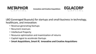 METAPHOR
LBO (Leveraged Buyouts) for startups and small-business in technology,
healthcare, and innovation:
• Revenue-generating Startups
• Recurrent revenues
• Intellectual Property
• Resource optimization and maximization of returns
• Capital ingest to accelerate Startups
• Smart Acquisitions, Smart IP, Innovative and Creative Acquisitions
C A P I T A L
EGLACORPC A P I T A L
Innovative and Creative Acquisitions
 