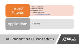 Dr. Hernandez has 11 issued patents
• US Patent 7,213,330
• US Patent 7,697,508
• US Patent 8,213,417
• US Patent 10,123,074
• Others: https://eglacomm.net/ip
Issued
Patents
• No. 62920590
Applications
 