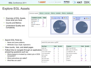 Explore EGL Assets Search EGL Parts by: Name and name patterns Attributes ( Type, length, Application) View counts,  lists, and detail pages Follow links to navigate through an application, answering questions such as:   What program is invoked by a batch job or CICS transaction? What subroutines are called? What files are used? Overview of EGL Assets, know what you have Counts and Metrics Understand Quality and Complexity 