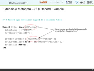 Extensible Metadata – SQLRecord Example // A Record type definition mapped to a database table Record  Order  type   SQLRecord  {  tableNames = [“ORDER”], keyItems=[“orderID”] } orderID OrderID {  columnName =“ORDERID” }; dateOrderPlaced  date  { columname=“CREATDTE” }; totalValue  money?  ; End Have you ever wondered what these actually are and where they come from? 