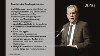 2016Das Jahr des Bundespräsidenten
In 49 Sitzungen wurde eine Reihe von
wichtigen Gesetzen und Beschlüssen
auf den Weg gebracht. Das
Parlamentsjahr war geprägt von:
 Lohn- und Sozialdumping-
Bekämpfungsgesetz
 Ausbildungspflicht für Jugendliche
 Klimaschutzübereinkommen von
Paris
 Ende des Hypo-
Untersuchungsausschuss
 Die Wahl des Bundespräsidenten
Alexander van der Bellen am 4.
Dezember 2016 nach mehreren
Wahlrunden
 Margit Kraker kommt als erste Frau
an die Spitze des Rechnungshofes
© Peter Lechner/HBF
 