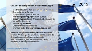2015Ein Jahr mit europäischen Herausforderungen
 Die Griechenland-Krise ist erneut ein wichtiges
Thema für ganz Europa
 Bürgerkrieg in Syrien sowie die
Flüchtlingsbewegungen nach Europa
 Steuerreform mit einer finanziellen Entlastung für
sechs Mio. Menschen
 Einsetzung des Hypo-
Untersuchungsausschusses
 Erstmals findet das Lehrlingsparlament statt
2015 war ein großes Gedenkjahr: Das Ende des
Zweiten Weltkriegs, die Gründung der Republik, die
Unterzeichnung des Staatsvertrags, die
Beschlussfassung der Neutralität, der Beitritt zur
UNO und zur Europäischen Union
© Solvency Ii Wire/flickr.com / CC BY 2.0
 