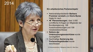 2014
Ein arbeitsreiches Parlamentsjahr
 Nationalratspräsidentin Barbara
Prammer verstarb und Doris Bures
folgte ihr nach
 48 Plenarsitzungen, über 3.000
schriftliche Anfragen an Mitglieder der
Bundesregierung, 148
Ausschusssitzungen und 108
Gesetzesbeschlüsse
 Reform der
Untersuchungsausschüsse wurde
durchgeführt
 Nachhaltige Sanierung des
Parlamentsgebäudes wurde
beschlossen
© Parlamentsdirektion / Bildagentur Zolles KG / Mike Ranz
 