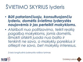 ŠVIETIMO SKYRIUS lyderis
• Būti patariančiuoju, konsultuojančiu
lyderiu, domėtis švietimo lyderystės
naujovėmis ir jas perteikti mokykloms.
• Atsiriboti nuo politizavimo, teikti realią
pagalbą mokykloms, jomis domėtis,
išmokti atskirti juoda nuo balto ir
tenkinti ne savo, o mokyklų poreikius ir
atliepti ne savo, bet mokyklų interesus.
3-iasis longitudinis lyderystės raiškos tyrimas
 