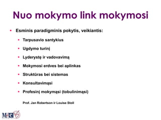 Nuo mokymo link mokymosi
 Esminis paradigminis pokytis, veikiantis:
 Tarpusavio santykius
 Ugdymo turinį
 Lyderystę ir vadovavimą
 Mokymosi erdves bei aplinkas
 Struktūras bei sistemas
 Konsultavimąsi
 Profesinį mokymąsi (tobulinimąsi)
Prof. Jan Robertson ir Louise Stoll
 