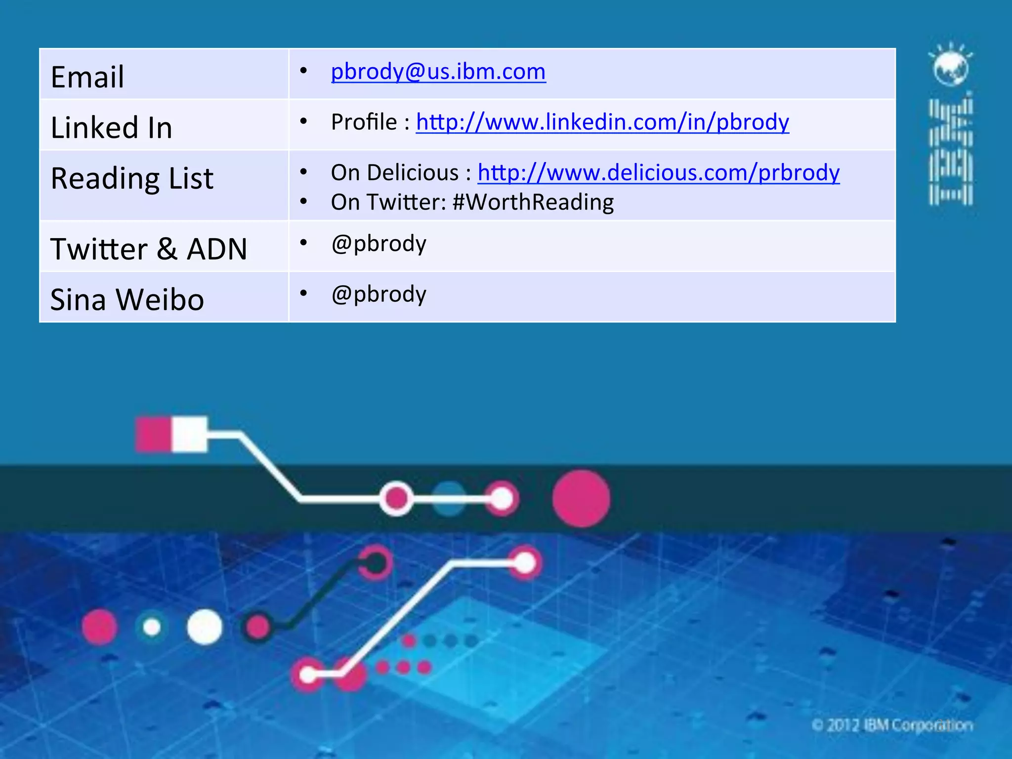 Email          •  pbrody@us.ibm.com

Linked!In      •  Proﬁle!:!hJp://www.linkedin.com/in/pbrody!

Reading!List   •  On!Delicious!:!hJp://www.delicious.com/prbrody!
               •  On!TwiJer:!#WorthReading
TwiJer!&!ADN   •  @pbrody!

Sina!Weibo     •  @pbrody!




                                                                    !
 