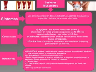 Lesiones
Musculares
Síntomas
Características
Tratamiento
Los síntomas incluyen dolor, hinchazón, espasmos musculares y
capacidad limitada para mover el músculo.
a)AGUJETAS: Masajes y baños en agua caliente, así como actividad física moderada.
- Si el dolor es intenso se puede tomar analgésicos.
b) CALAMBRES: Abandonar la actividad física.
- Estirar progresivamente el músculo durante 20 ó 30 segundos. Relajar durante 4-5
segundos. Repetir la maniobra si continúa el calambre.
- Masaje local
C) Contractura: -Aplicar calor y realizar estiramientos pasivos, sin forzar y sin
rebotes.
- El masaje puede ser beneficioso.
a) Agujetas: Son dolores musculares difusos y
diseminados en varios grupos que aparecen las 12-24 horas
después del esfuerzo y que ceden en 5-7 días.
b)Calambres: Espasmo que se produce en el músculo de una forma
brusca e inesperada.
c) Contractura: Contracción involuntaria e inconsciente, dolorosa y
permanente de un músculo.
 