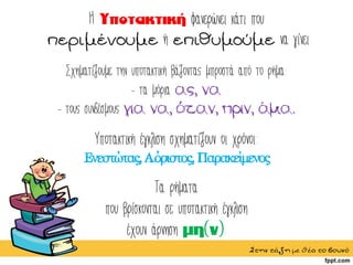 Η φανερώνει κάτι που
περιμένουμε ή επιθυμούμε να γίνει.
Σχηματίζουμε την υποτακτική βάζοντας μπροστά από το ρήμα:
- τα μόρια ας, να
- τους συνδέσμους για να, όταν, πριν, άμα.
Υποτακτική έγκλιση σχηματίζουν οι χρόνοι:
Ενεστώτας, Αόριστος, Παρακείμενος
Τα ρήματα
που βρίσκονται σε υποτακτική έγκλιση
έχουν άρνηση .
Στηντάξημεθέατοβουνό
 