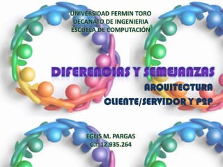 UNIVERSIDAD FERMIN TORO
 DECANATO DE INGENIERIA
ESCUELA DE COMPUTACIÓN




                 ARQUITECTURA
         CLIENTE/SERVIDOR Y P2P


    EGLIS M. PARGAS
     C.I. 12.935.264
 