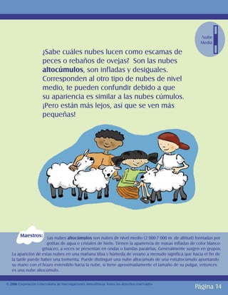 Nube
                                                                                                       Media

                       ¿Sabe cuáles nubes lucen como escamas de
                       peces o rebaños de ovejas? Son las nubes
                       altocúmulos, son infladas y desiguales.
                       Corresponden al otro tipo de nubes de nivel
                       medio, te pueden confundir debido a que
                       su apariencia es similar a las nubes cúmulos.
                       ¡Pero están más lejos, así que se ven más
                       pequeñas!




        Maestros: Las nubes altocúmulos son nubes de nivel medio (2 000-7 000 m. de altitud) formadas por
                      gotitas de agua o cristales de hielo. Tienen la apariencia de masas infladas de color blanco-
                   grisáceo, a veces se presentan en ondas o bandas paralelas. Generalmente surgen en grupos.
   La aparición de estas nubes en una mañana tibia y húmeda de verano a menudo significa que hacia el fin de
   la tarde puede haber una tormenta. Puede distinguir una nube altocúmulo de una estratocúmulo apuntando
   su mano con el brazo extendido hacia la nube, si tiene aproximadamente el tamaño de su pulgar, entonces
   es una nube altocúmulo.


© 2006 Corporación Universitaria de Investigaciones Atmosféricas Todos los derechos reservados
                                                                                                    Página 14
 
