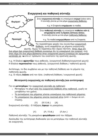 Εκπαιδευτήρια ΓΕΩΡΓΙΟΥ ΖΩΗ E΄ Δημοτικού
Η E΄ Δημοτικού
75
Ενεργητική και παθητική σύνταξη
Τις περισσότερες φορές που συναντάμε ενεργητική
διάθεση, αυτή εκφράζεται με ρήματα ενεργητικής
φωνής. Όμως το παραπάνω δεν ισχύει πάντοτε. Όταν λέμε ότι
ένα ρήμα έχει ενεργητική διάθεση εννοούμε ότι το υποκείμενό του ενεργεί, ενώ
όταν λέμε ότι ένα ρήμα βρίσκεται στην ενεργητική φωνή εννοούμε ότι σχηματίζει
κατάληξη σε -ω στο α’ πρόσωπο του ενεστώτα της οριστικής φωνής.
π.χ. Η Ελεάνα φροντίζει τους ασθενείς. (ενεργητική διάθεση/ενεργητική φωνή)
Η Ελεάνα περιποιείται τους ασθενείς. (ενεργητική διάθεση / παθητική φωνή)
Αντίστοιχα, το ίδιο συμβαίνει και με την παθητική διάθεση και τα ρήματα της
παθητικής φωνής.
π.χ. Ο πάγος λιώνει από τον ήλιο. (παθητική διάθεση / ενεργητική φωνή)
Μετατροπή ενεργητικής σε παθητική σύνταξη (και αντίστροφα)
Για να μετατρέψω την ενεργητική σύνταξη σε παθητική:
o Μεταφέρω το ρήμα από την ενεργητική διάθεση στην παθητική, χωρίς να
μεταβάλλω τον χρόνο.
o Το αντικείμενο του ρήματος γίνεται υποκείμενο του παθητικού ρήματος.
o Το υποκείμενο του ρήματος γίνεται ποιητικό αίτιο (από + όνομα σε αιτ.
πτώση).
(Υ) (Ρ/ Ε.Φ.) (Α)
Ενεργητική σύνταξη : Ο Λάζαρος έφαγε τα μακαρόνια.
(Υ) (Ρ / Π.Φ.) (Π.Αιτ.)
Παθητική σύνταξη: Τα μακαρόνια φαγώθηκαν από τον Λάζαρο.
Ακολουθώ την αντίστροφη διαδικασία για να μετατρέψω την παθητική σύνταξη
σε ενεργητική.
Θυμάμαι!
Στην ενεργητική σύνταξη το υποκείμενο ενεργεί (κάνει κάτι).
Η σύνταξη γίνεται με ένα ρήμα ενεργητικής διάθεσης.
π.χ. Η Στεφανία ενημέρωσε τα παιδιά.
Στην παθητική σύνταξη το υποκείμενο παθαίνει κάτι ή
επηρεάζεται από τη δράση κάποιου άλλου.
Η σύνταξη γίνεται με ένα ρήμα παθητικής διάθεσης.
π.χ. Τα παιδιά ενημερώθηκαν από τη Στεφανία.Προσοχή!
 