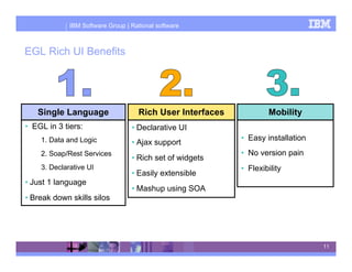 IBM Software Group | Rational software



EGL Rich UI Benefits




   Single Language                  Rich User Interface...