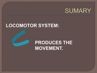 LOCOMOTOR SYSTEM: 
PRODUCES THE 
MOVEMENT. 
 