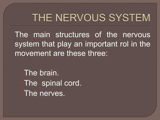 The main structures of the nervous 
system that play an important rol in the 
movement are these three: 
The brain. 
The spinal cord. 
The nerves. 
 