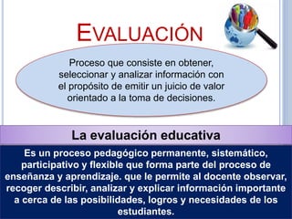 EVALUACIÓN
Proceso que consiste en obtener,
seleccionar y analizar información con
el propósito de emitir un juicio de valor
orientado a la toma de decisiones.
Es un proceso pedagógico permanente, sistemático,
participativo y flexible que forma parte del proceso de
enseñanza y aprendizaje. que le permite al docente observar,
recoger describir, analizar y explicar información importante
a cerca de las posibilidades, logros y necesidades de los
estudiantes.
La evaluación educativa
 