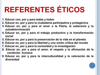 REFERENTES ÉTICOS
1. Educar con, por y para todas y todos
2. Educar en, por y para la ciudadanía participativa y protagónica
3. Educar en, por y para el amor a la Patria, la soberanía y la
autodeterminación
4. Educar en, por y para el trabajo productivo y la transformación
social
5. Educar en, por y para la preservación de la vida en el planeta
6. Educar en, por y para la libertad y una visión crítica del mundo
7. Educar en, por y para la curiosidad y la investigación
8. Educar en, por y para el amor, el respeto y la afirmación de la
condición humana
9. Educar en, por y para la interculturalidad y la valoración de la
diversidad
 