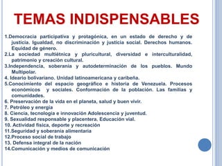 TEMAS INDISPENSABLES
1.Democracia participativa y protagónica, en un estado de derecho y de
justicia. Igualdad, no discriminación y justicia social. Derechos humanos.
Equidad de género.
2.La sociedad multiétnica y pluricultural, diversidad e interculturalidad,
patrimonio y creación cultural.
3.Independencia, soberanía y autodeterminación de los pueblos. Mundo
Multipolar.
4. Ideario bolivariano. Unidad latinoamericana y caribeña.
5.Conocimiento del espacio geográfico e historia de Venezuela. Procesos
económicos y sociales. Conformación de la población. Las familias y
comunidades.
6. Preservación de la vida en el planeta, salud y buen vivir.
7. Petróleo y energía
8. Ciencia, tecnología e innovación Adolescencia y juventud.
9. Sexualidad responsable y placentera. Educación vial.
10. Actividad física, deporte y recreación
11.Seguridad y soberanía alimentaria
12.Proceso social de trabajo
13. Defensa integral de la nación
14.Comunicación y medios de comunicación
 