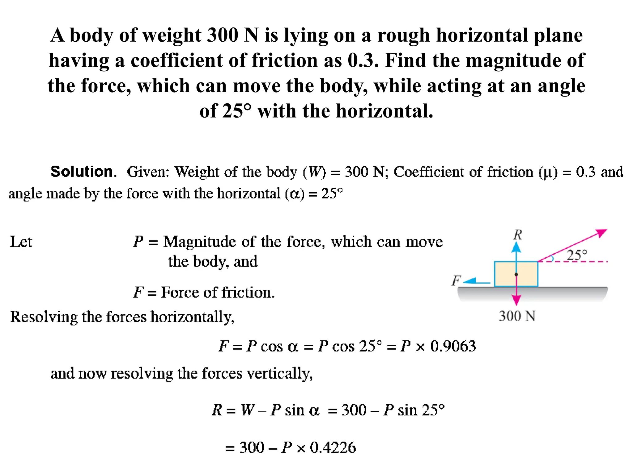 A body of weight 300 N is lying on a rough horizontal plane
having a coefficient of friction as 0.3. Find the magnitude of
the force, which can move the body, while acting at an angle
of 25° with the horizontal.
 