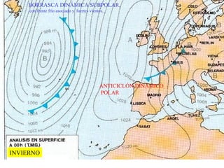 BORRASCA DINÁMICA SUBPOLAR,
con frente frío asociado y fuertes vientos.
ANTICICLÓN DINÁMICO
POLAR
INVIERNO
 
