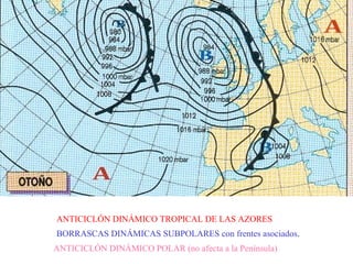 ANTICICLÓN DINÁMICO POLAR (no afecta a la Península)
ANTICICLÓN DINÁMICO TROPICAL DE LAS AZORES
BORRASCAS DINÁMICAS SUBPOLARES con frentes asociados.
 