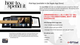 iPad App (available in the Apple App Store)
HTSI iPad App latest usage stats.
> Over 120,000 downloads to date
> 34,231 unique users per month
> Average of 33.37 Ad impressions per user, per month
Geo split per users:
> UK: 27%
> Americas: 22%
> CEMEA 34%
> APAC 15%
因應這群高階的高收入人群, FT 提供了另一個以
Lifestyle 作為出發點的內容網站, 提供不一樣高
度與品味的內容
It also features searchable content for more than 60 back issues
of How to Spend it and the Gift Guide (over 600 inspired ideas
for him and for her with a new gift posted every day of the year)
-- all absolutely free.
The new HTML5 site is far more flexible and works on both the iPad and
iPhone, as well as the devices of other manufacturers. The existing native
iPad app remains available from the app store.
 