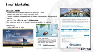 E-mail Marketing
Email List Rental
• Stand-alone email blast of advertisers message - eDM
• Delivery rate: over 95%; Open rate: over 20%
• Filtering available: Business Position, Area of Responsibility, Industry and
Province
• GROSS Cost: US$250 per 1,000 names
(10% loading is required for every 1 additional category of filtering)
Minimum buy:
- US$20,000 for eDM only
- US$10,000 bundle with online ads on FTChinese.com (min value of US$3,000 in
online ads plus min value of US$7,000 in eDM, or vice versa)
 
