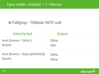 Egna mallar i moduler – 1. Velocity 
10 
● Fallgrop - Tilldelar INTE null 
Velocity-kod Output 
#set ($name = 'Stina' ) 
$name 
#set ($name = $obj.tryGetOlle()) 
$name 
Stina 
Olle 
Stina 
Stina 
 