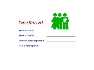Form Groups!
Introductions
Elect a leader ______________________
Select a spokesperson ______________________
Name your group ______________________
 
