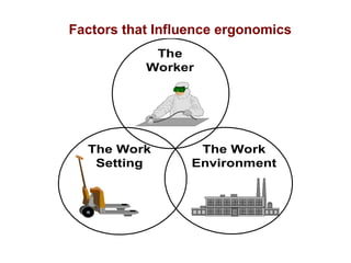 Factors that Influence ergonomics
The
Worker
The Work
Environment
The Work
Setting
 