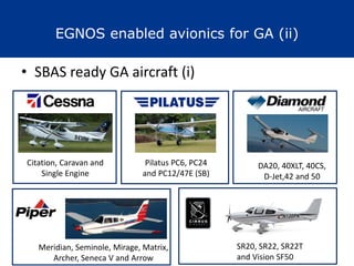 EGNOS enabled avionics for GA (ii)
• SBAS ready GA aircraft (i)
Citation, Caravan and
Single Engine
DA20, 40XLT, 40CS,
D-Jet,42 and 50
SR20, SR22, SR22T
and Vision SF50
Pilatus PC6, PC24
and PC12/47E (SB)
Meridian, Seminole, Mirage, Matrix,
Archer, Seneca V and Arrow
 